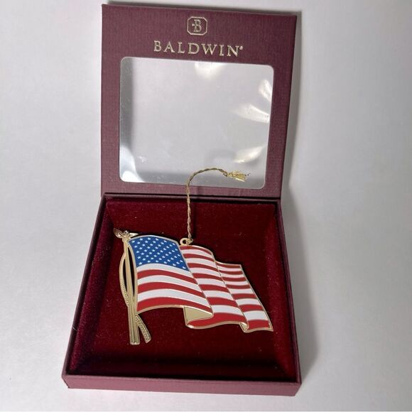Vintage 2001 2.75" Baldwin Brass 50 Star Flag on Pole Ornament - Picture 1 of 4
